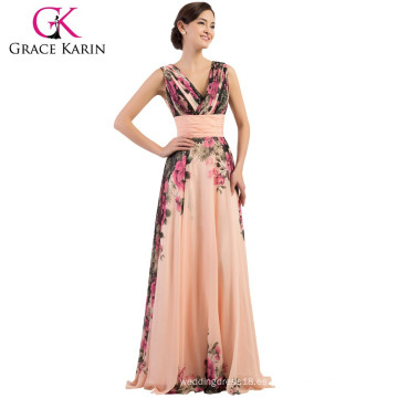 Grace Karin Deep V-cuello de flores de gasa de gasa largo vestido de dama de honor vestidos de impresión CL7502